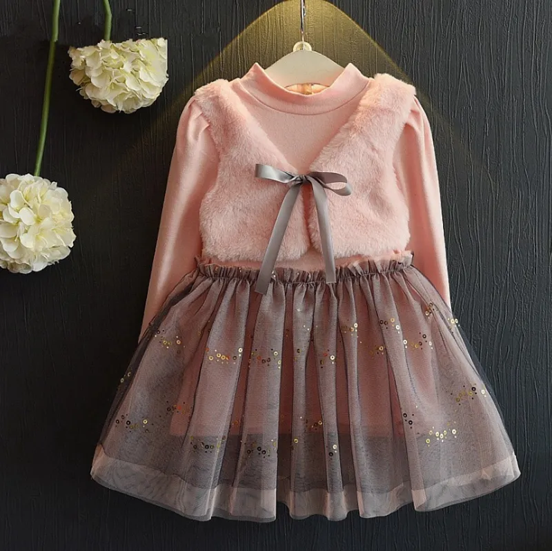 Малыша девушка одежда для девочек розовые платья жилетки поддельные 2 шт. Набор детей блестки тюль принцесса платье бутик девушка наряды DW4649