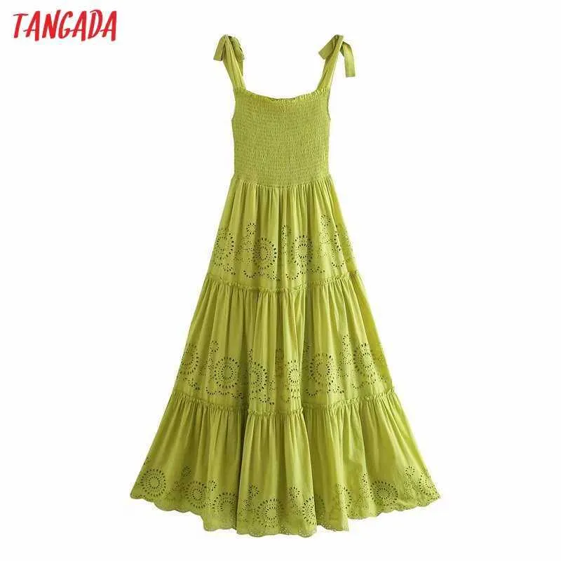 Tangada sommar mode bomullsblommor broderi klänningar för kvinnor backless bow kvinnlig avslappnad strand klänning 3H563 210609
