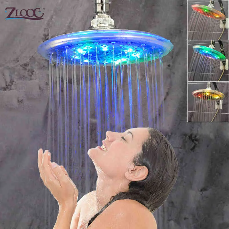 Zloog Top Rond LED Pluie Pommeau De Douche Automatiquement RVB Capteur De Température À Changement De Couleur Pommeau De Douche Monté Au Plafond Douche H1209