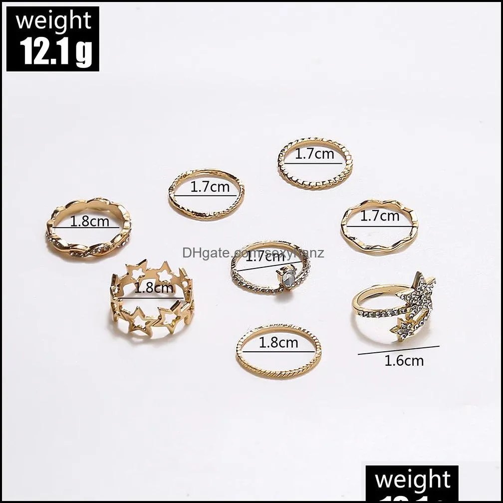 S2561 Fashion Jewelry Vintage Knuckle Ring Set Rhinstone Geomtric Five Piont Star Rings Sets 8pcs/set