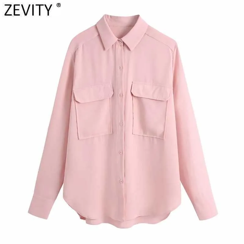 Zevity Kobiety Vintage Podwójne Kieszenie Patch Casual Smock Bluzka Kobieta Z Długim Rękawem Pojedyncze Koszulki Koszulki Chic Koszulki LS9257 210603