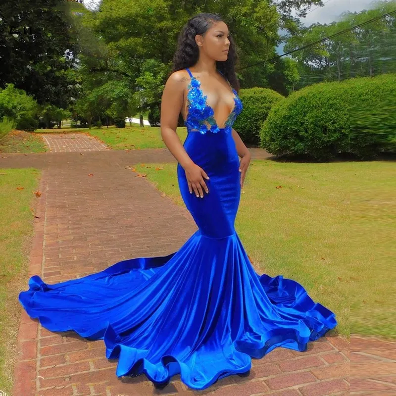 Royal Blue Mermaid Prom Dresses 2022 Afryki Czarne Dziewczyny Kobiety Cekinowe Velvet V-Neck Długie Backless Formalne Party Suknie