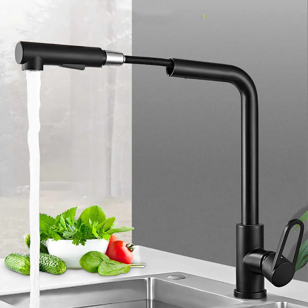 Stainless Steel Pull-out Kitchen Basin Faucets 360rotating Cold Mixer Tap Single Handle Double Outlet Deck Mounted Crane 210724