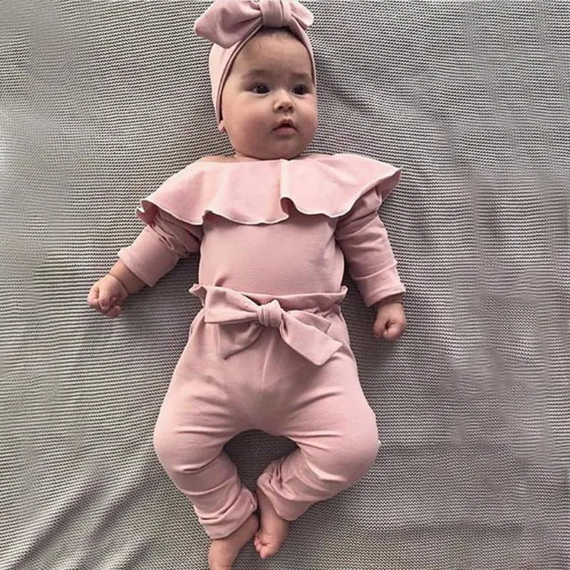 Conjunto de ropa para bebé niña, Pelele liso con volantes para niña recién nacida, mono con lazo y pantalón, trajes para recién nacidos, ropa para niños