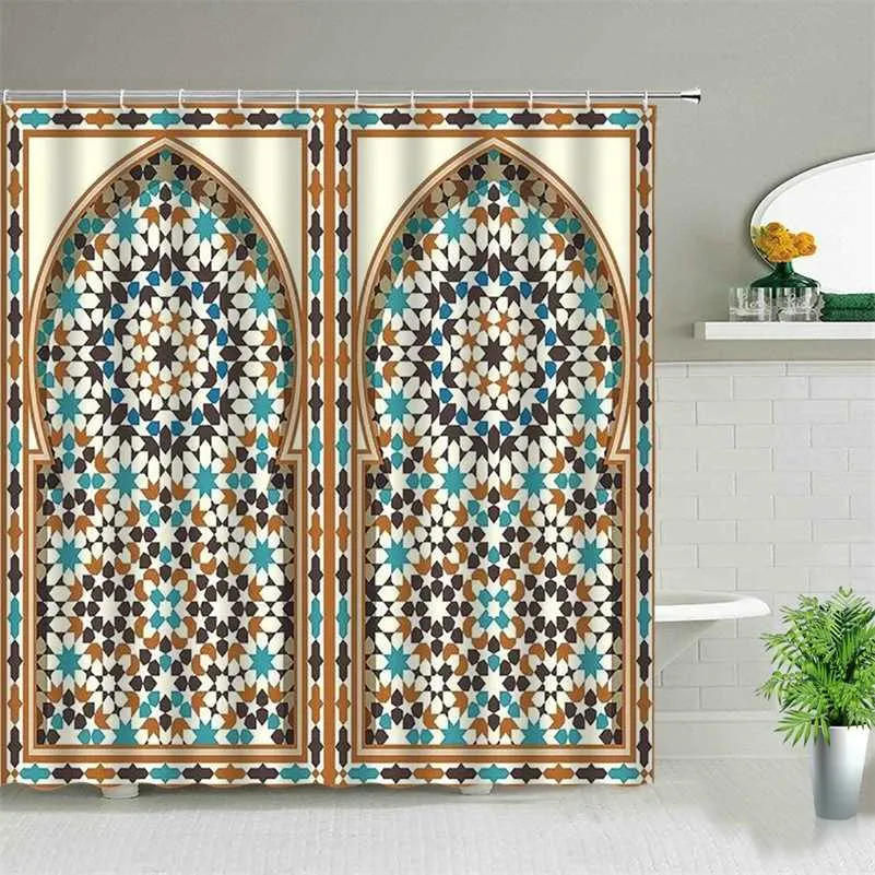 Tecido impermeável cortina de chuveiro arco árabe marrocos portas antigas imprimir tela de banho velha porta de madeira banheiro cortinas com gancho 211116