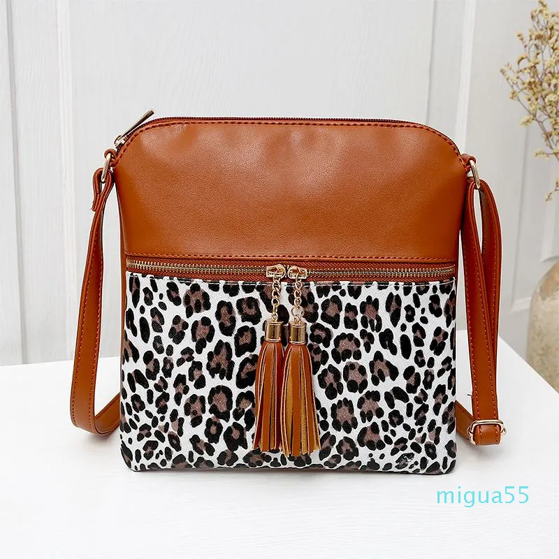 Cross Body Damen Umhängetaschen PU Leder Schulter Shopper Geldbörse Mode Lässig Leopard Doppelte Quaste Reißverschluss Handytaschen