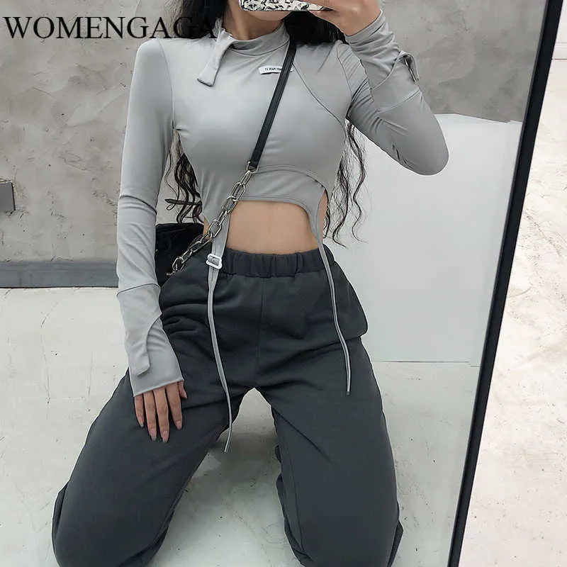 Womengaga Design Sentido Falso de Two-Peça Turtleneck Curta Sexy Sexy Apertado Full Manga Tassel Bow Outono Tops T-shirt Z1JJ 210603