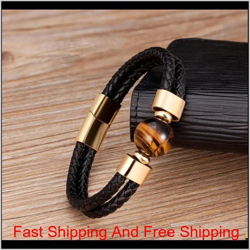 leather magnetic double genuine eye steel natural round men jewelry stone tiger bracelets stainless 2020 bracelet mens classic evihq