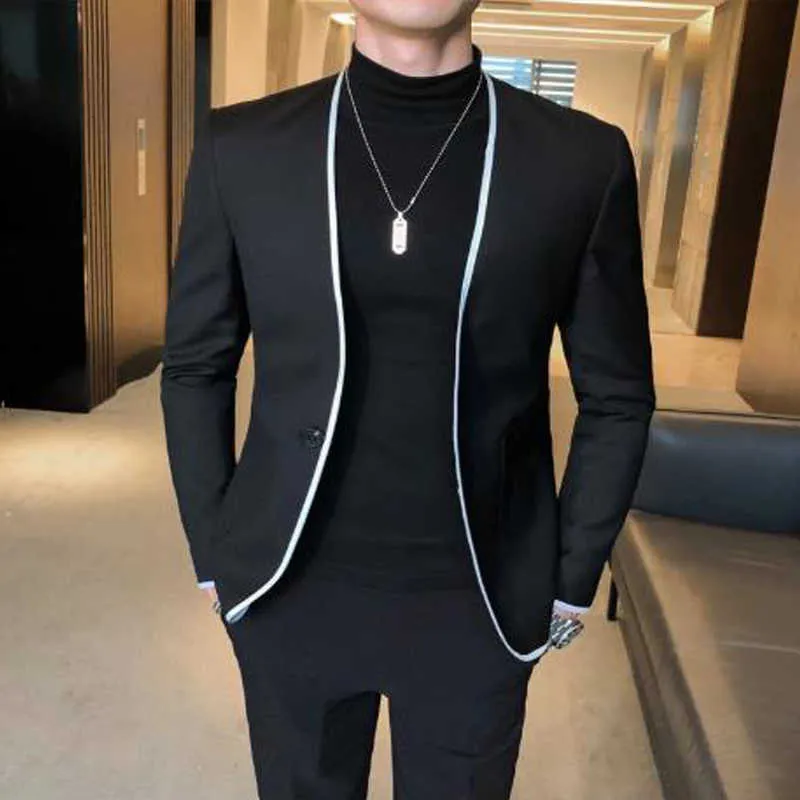 Black Casual Men Suits with Round Collar 2 Piece Blazer with Pants Slim Fit Wedding Tuxedo for Groomsmen Male Fashion Clothes X0909