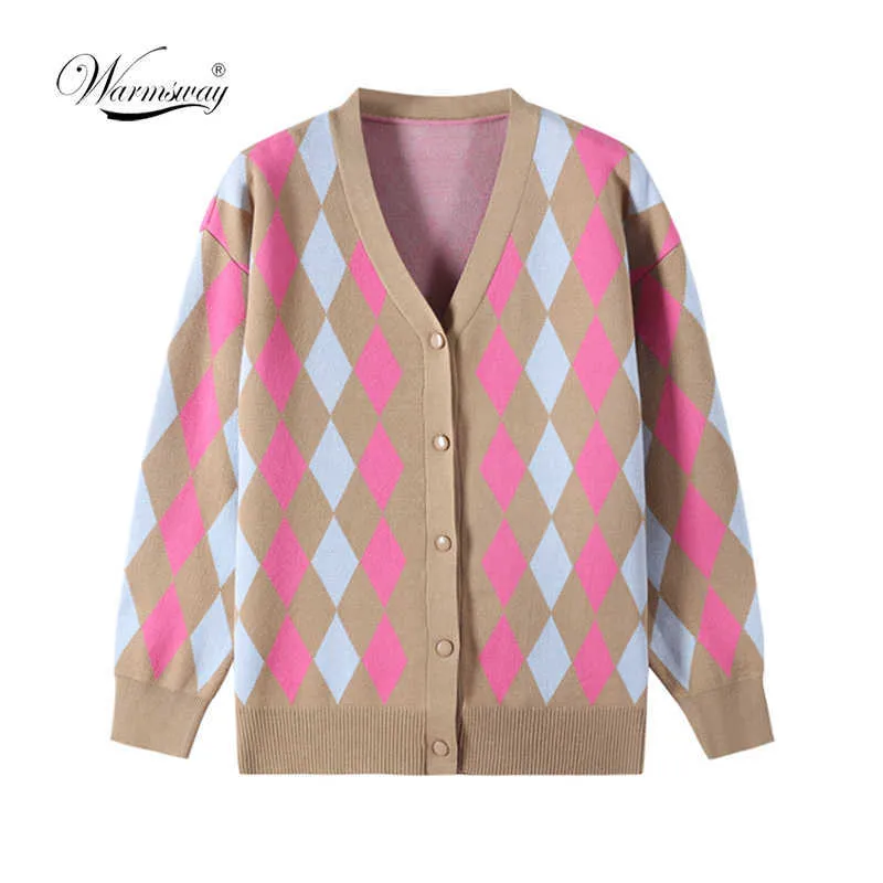 Vintage géométrique rhombique Cardigan pull femmes automne chaud à manches longues vêtements d'extérieur en vrac élégant col en v Chic haut en tricot C-023 210922