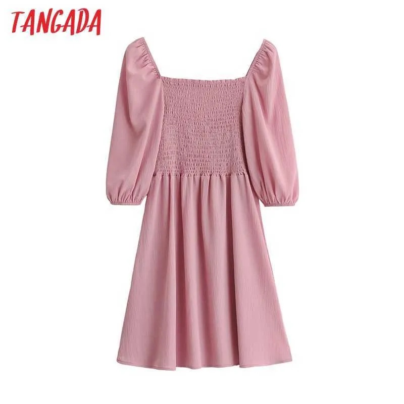 Tangada Moda Kobiety Różowa Plisowana Sukienka Backless Puff Sleeve Damska Kwadratowa Kołnierz Mini Sukienka Vestidos 1F63 210609