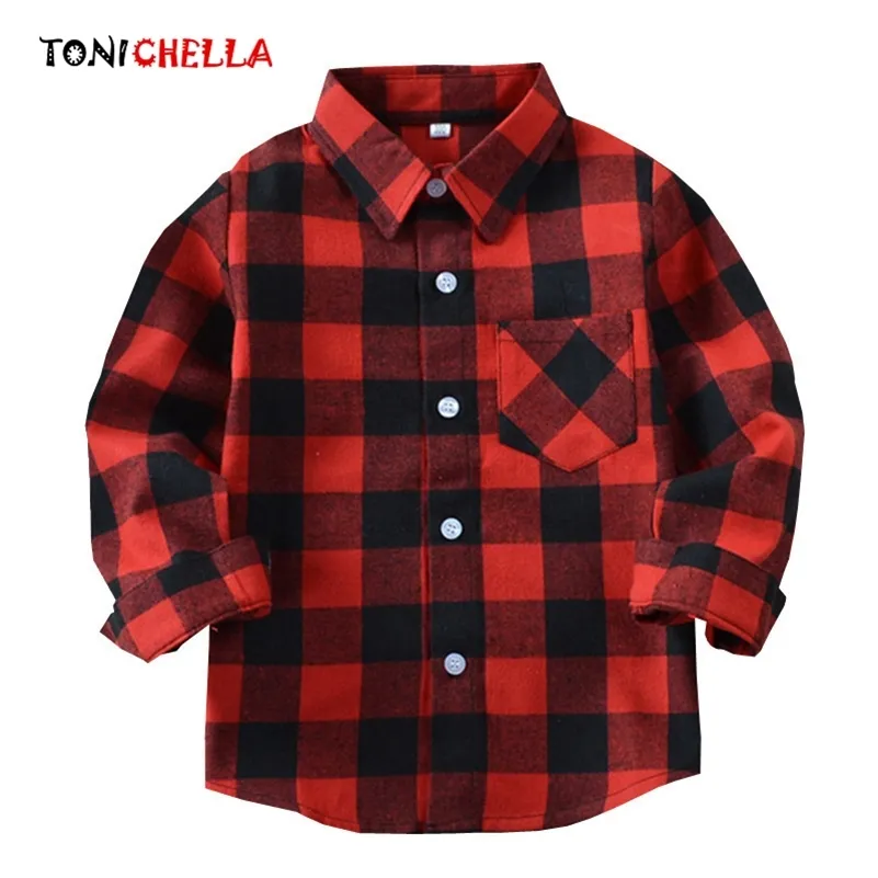 Baby katoen plaid shirt kids lange mouwen jongens meisjes rood zwarte blouse kinderen kraag kraag mode outfit kleding CL5117 210306