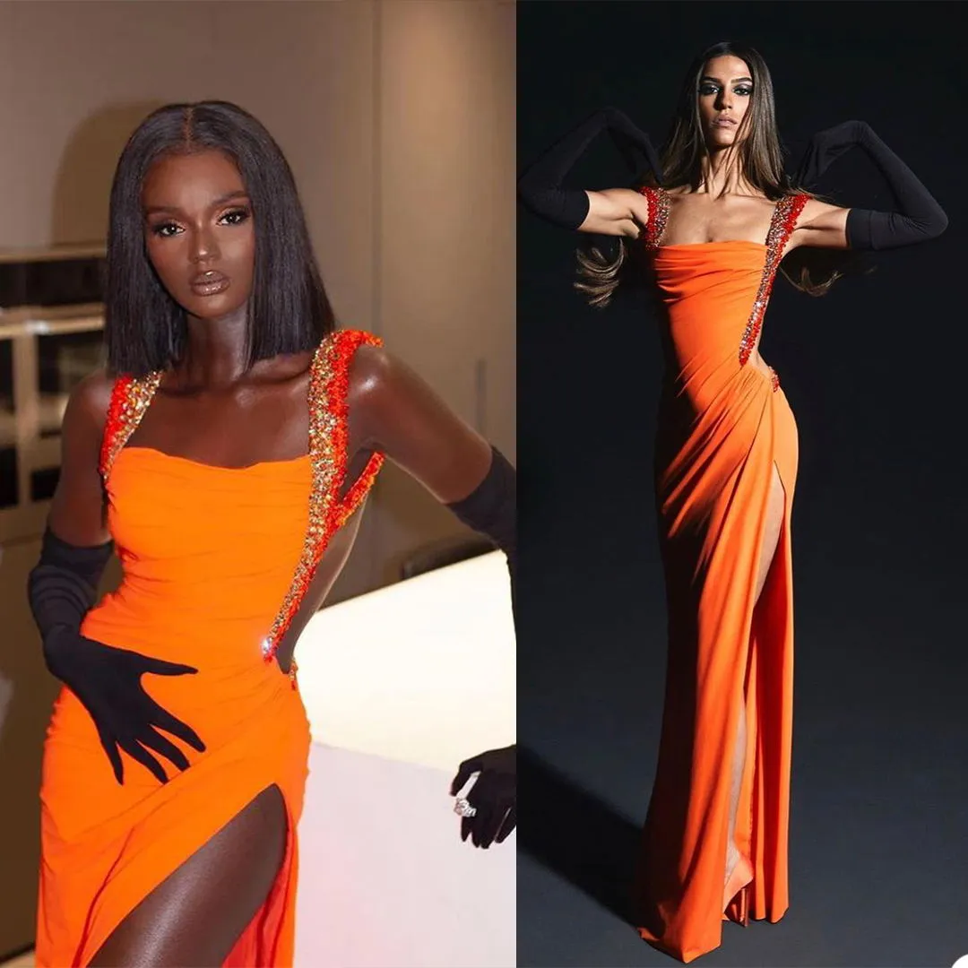 2021 Mode Orange Abendkleider Side Split Kristall Träger Formale Abendkleider Rückenfreies Langes Partykleid