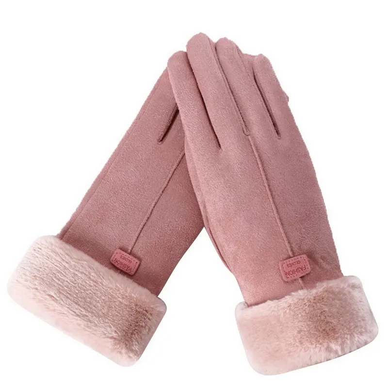 Vrouwen handschoenen winter touchscreen vrouwelijke suede fuzzy warme volledige vinger handschoenen dame voor buitensport rijden