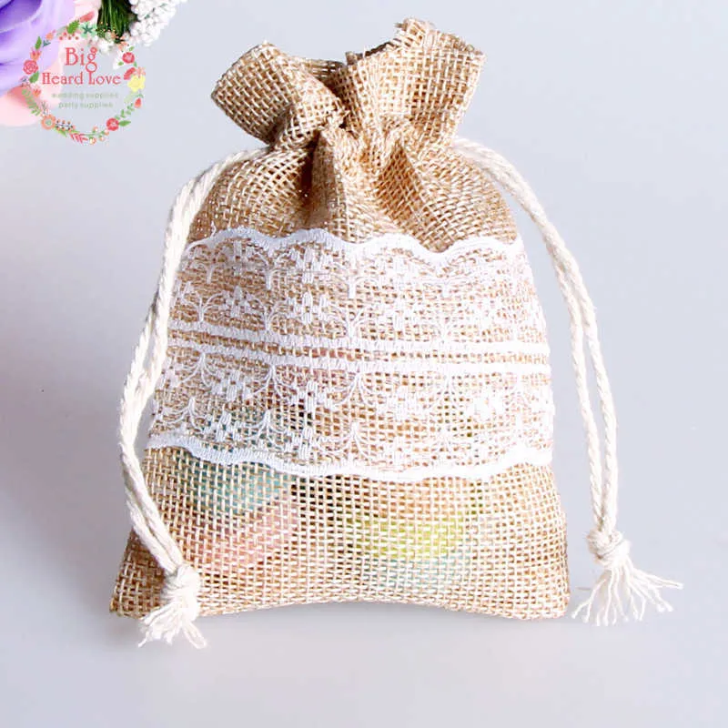8.5x11cm 50Pcs Lace Natural Jute Burlap Drawstring Bag Jewelry Gift Candy Bag Home Decoration Wedding Party Decoration Supply 210724