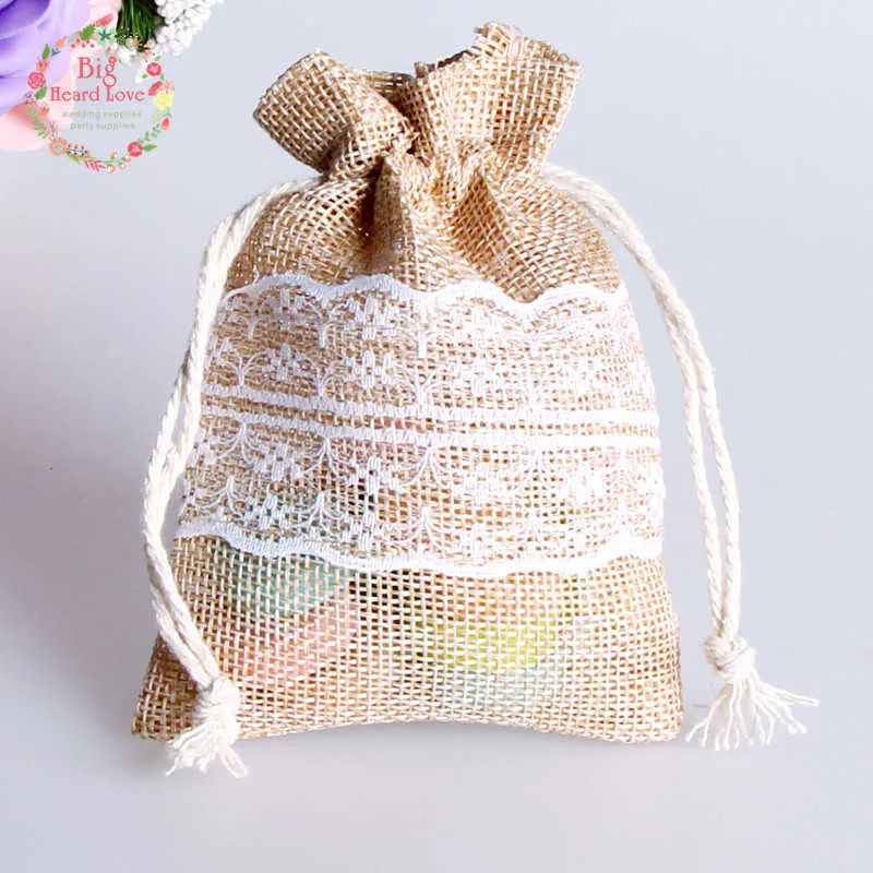 8.5x11cm 50 sztuk Koronki Naturalne Jute Burlap Torba Sznurka Biżuteria Prezent Cukierki Torba Home Decoration Wedding Party Decoration Supply 210724