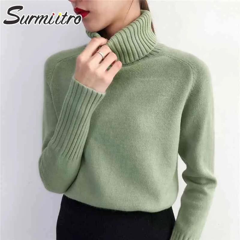 Surmiitro Cashmere Stickad tröja Kvinnor Höst Vinter Koreanska Turtleneck Långärmad Pullover Kvinna Jumper Green Knitwear 210805