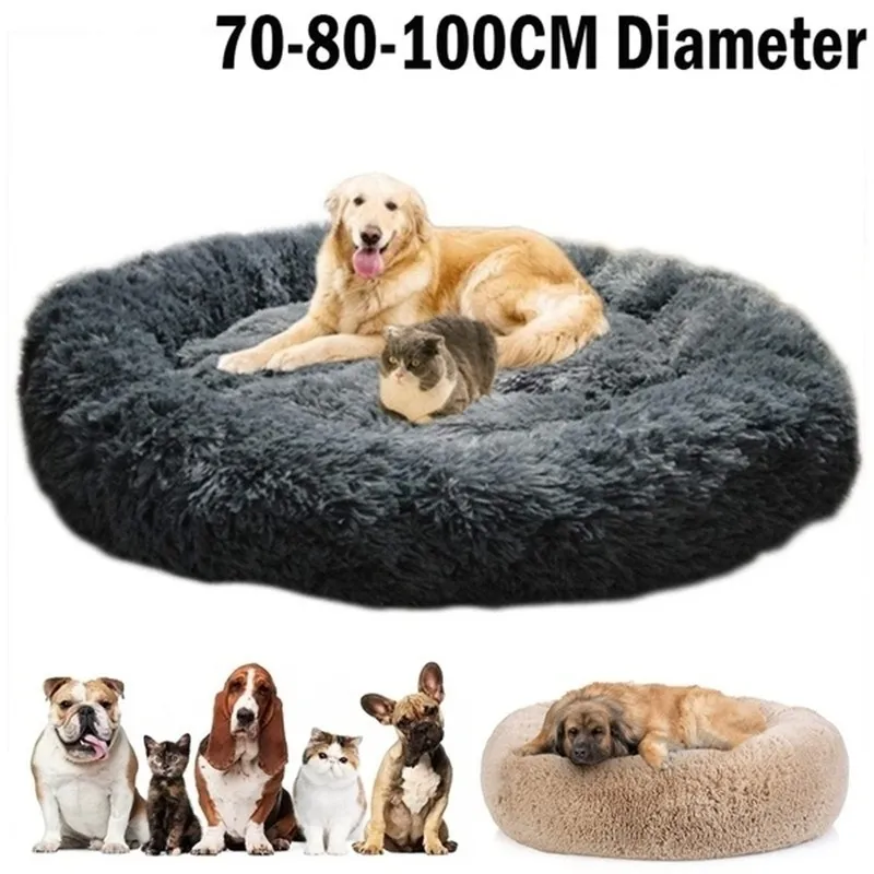 Round Long Plush Dog Beds for Large Dogs Pet Products Cushion Super Soft Fluffy Comfortable Cat Mat Supplies Accessories 201125