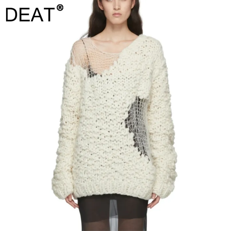 DEAT Broken Round Neck Pełne Rękawy Knitting Pullover Luźne Kobiece Top Jesień I Winter Moda Kobiety Knits WO52700L 211104