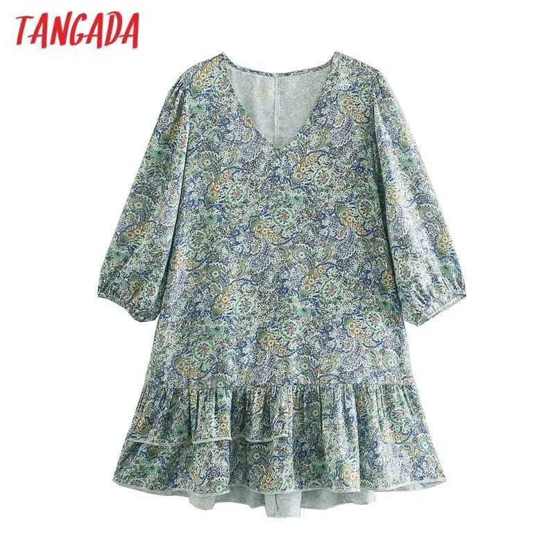 Tangada Women ChicファッションペイズリープリントサマーミニドレスビンテージVネック3四半期スリーブ女性ドレスBE459 210609