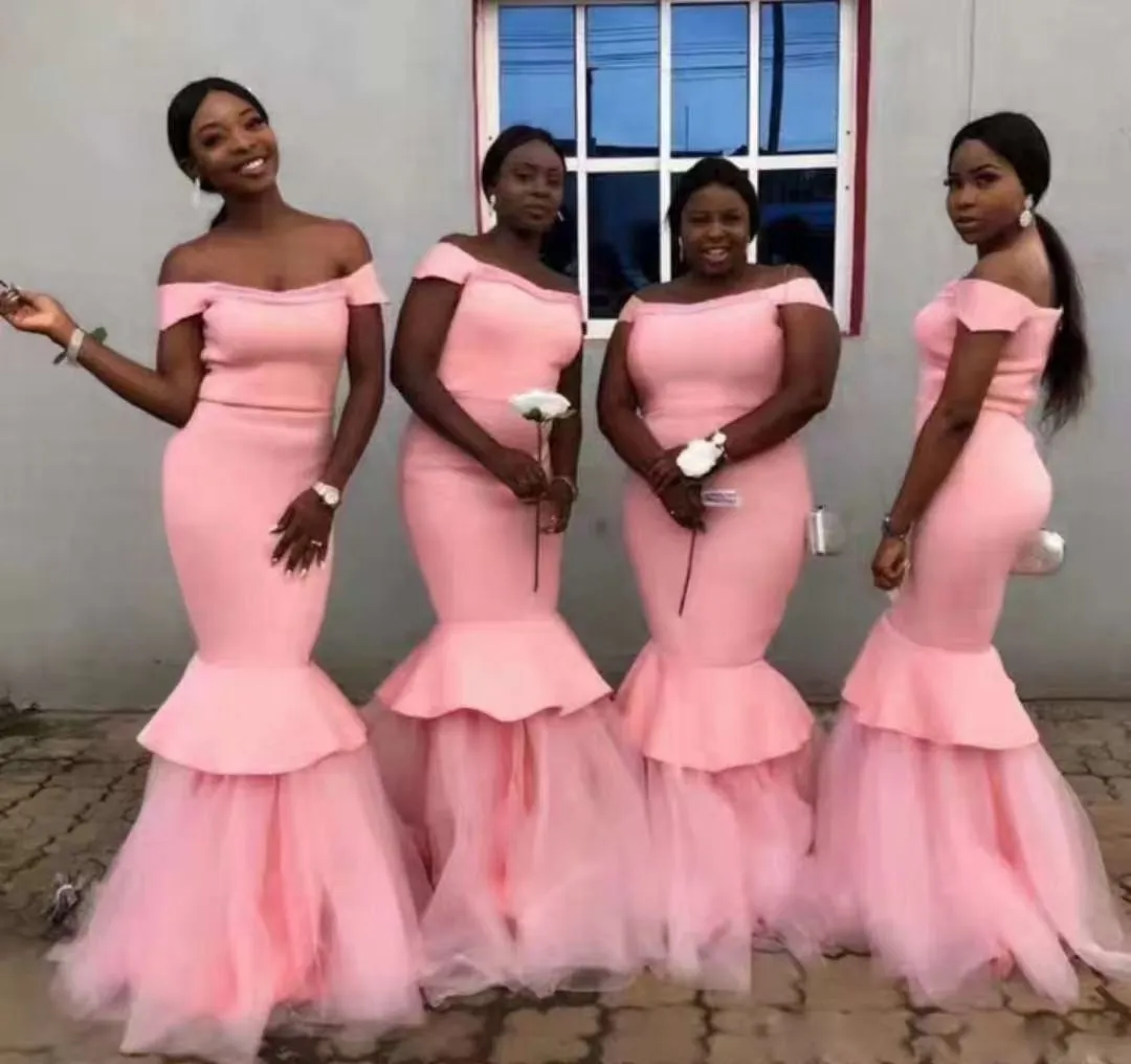 2021 rosa vestido de dama de honra africano sereia fora do ombro festa de casamento vestidos de convidado dama de honra cetim longo drapejado
