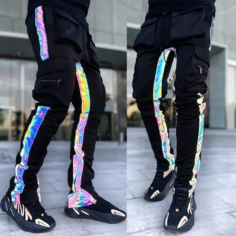 Men Streetwear Hip Hop Dance Pants Cool Boy Trendy Colorful Reflective Stripe Sweatpants Elastic Waist Joggingbroek Tracksuit Men's