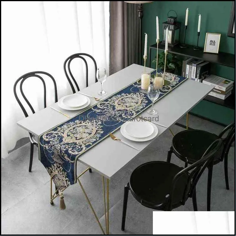 Modern Elegant Table Runner European Jacquard Tablecloth Track on the Table Luxury Nordic Dining Table Runners Decor Blue White 220107
