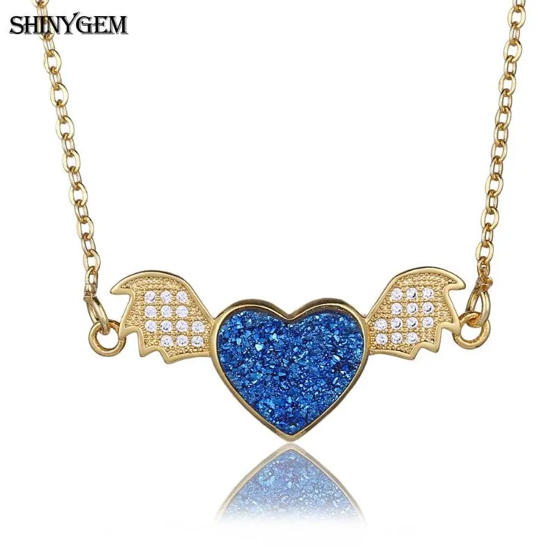 Hanger kettingen shinygem schattige engel hart ketting mousserende natuurlijke druzy stenen liefde cz kristallen vleugel voor vrouwen