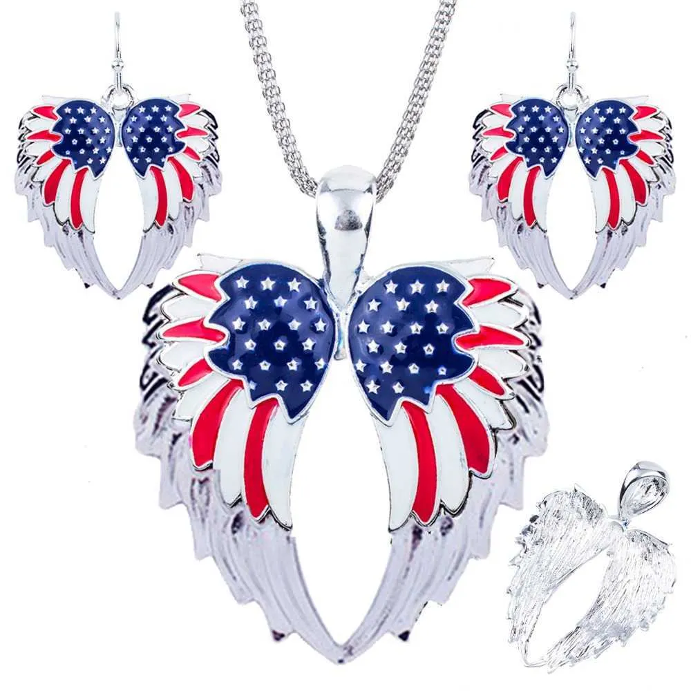 1 Set Angel Wings Necklace Earring Sieraden Set Legering Unieke Amerikaanse Vlag Design Gift Dierlijke Hanger Rainbow Charm Accessoires Q0709