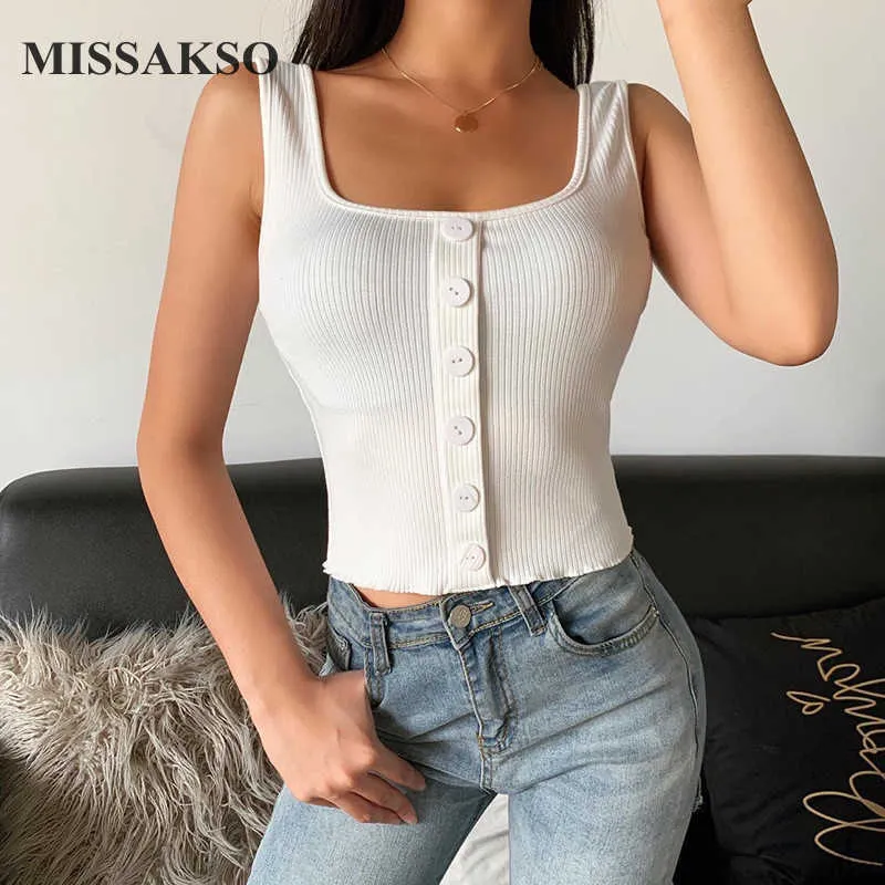 Missakso Katı Siyah Beyaz Kırpma Üst Yaz Düğmesi Streetwear Kare Boyun Backless Kadınlar Seksi Ince Tank Gömlek Nervürlü 210625