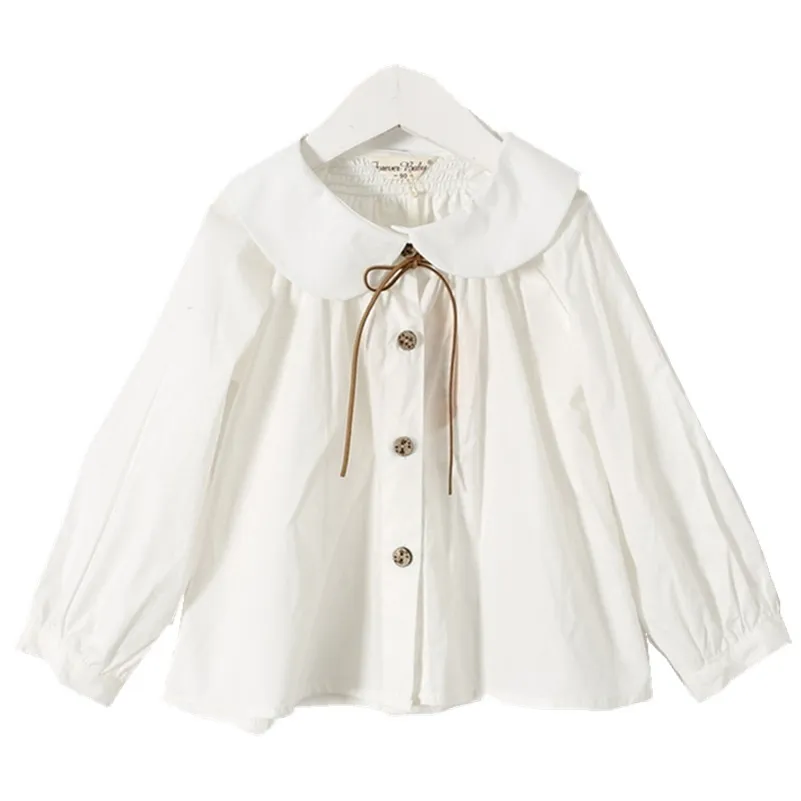 Autunno Primavera Ragazze Manica lunga Camicette di cotone bianco Camicia con colletto rovesciato carino Top Camicie scolastiche Panno per bambina 2-7T 210306