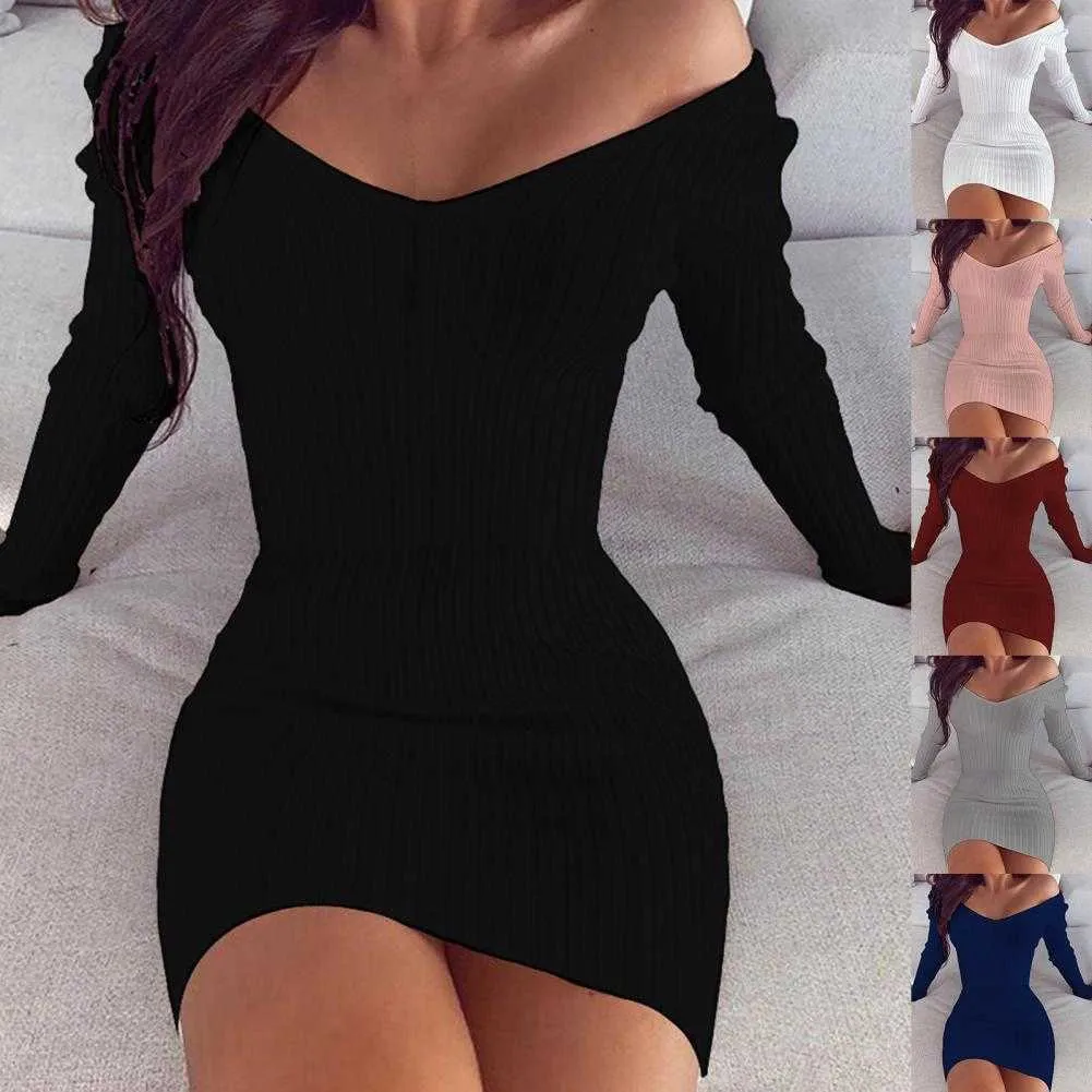 Kobiety Ubierz Off Ramię Z Długim Rękawem Rozciągliwy V-Neck Bodycon Dress Eleganckie Casual Solid Color Ribbing Dress Dress Streetwear Y1006