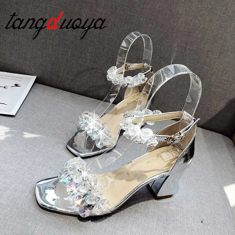 crystal sandals with low heels Women Sandals 2021 Summer Shoes Women Open Toe Crystal Chunky Sandals heels women gold sliver Y0721