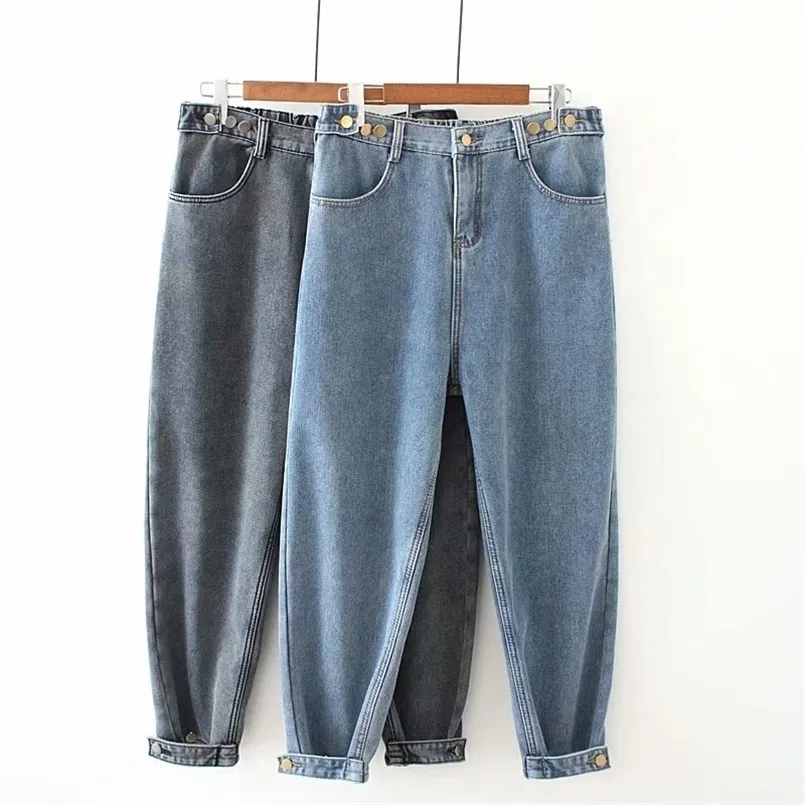 Girl Loose Fashion Boyfriend Jeans para mujer Cintura alta Tallas grandes Suavizante Longitud total Denim Harem Pantalones Retro Azul Gris 4xl 5xl 210809