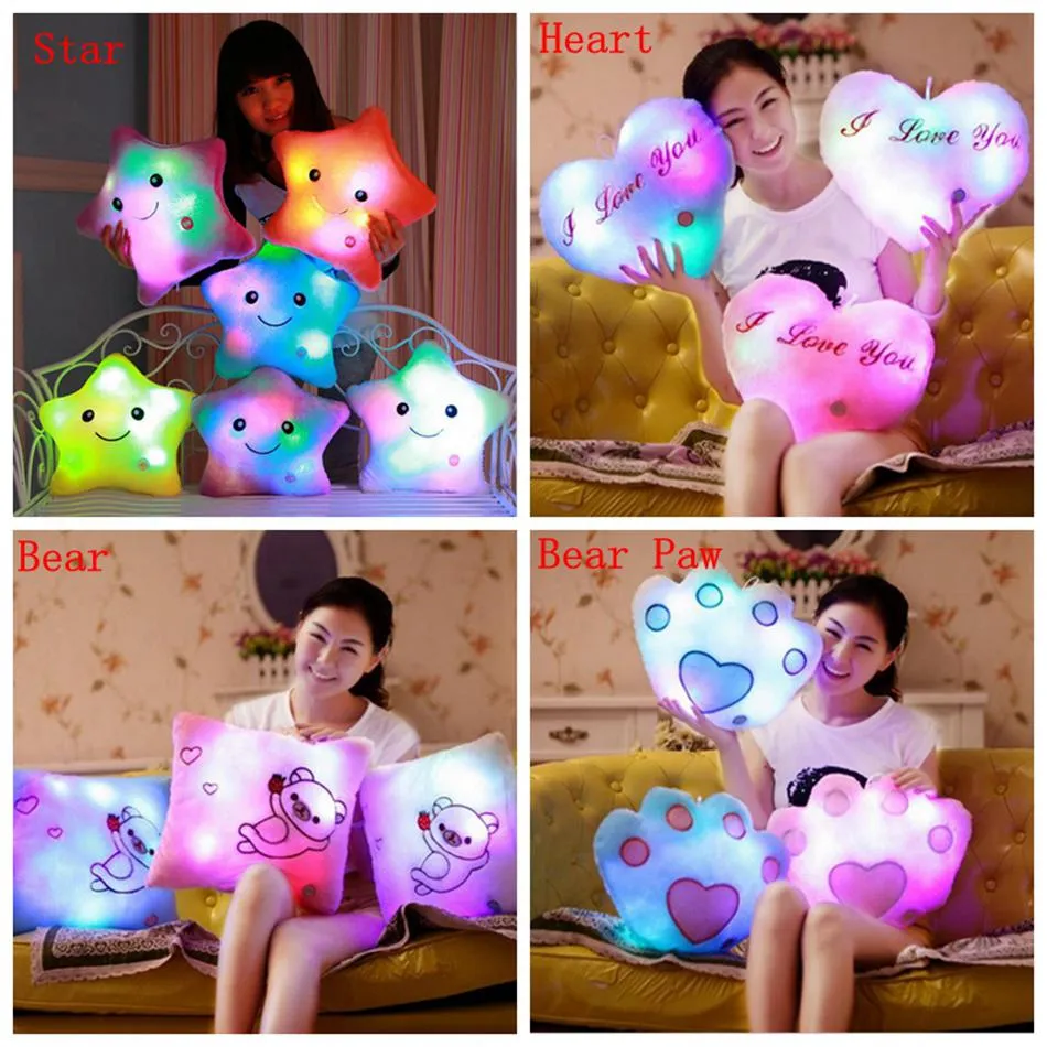 Luminous Glowing Led Pillow Star Heart Bear Paw Led Light Plush