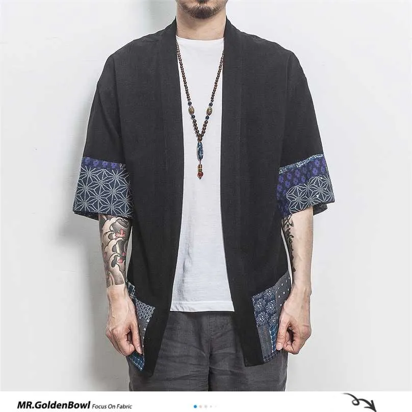 Mrgoldenbowl bawełniana lniana koszulka Kurtki męskie Chiński Streetwear Kimono Coat Cardigan Plus Rozmiar 211217