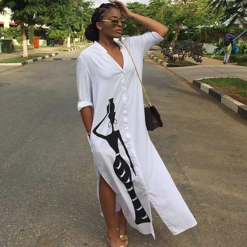 Women s Character Print Maxi Dress with Side Split Button Bootstrap 5
