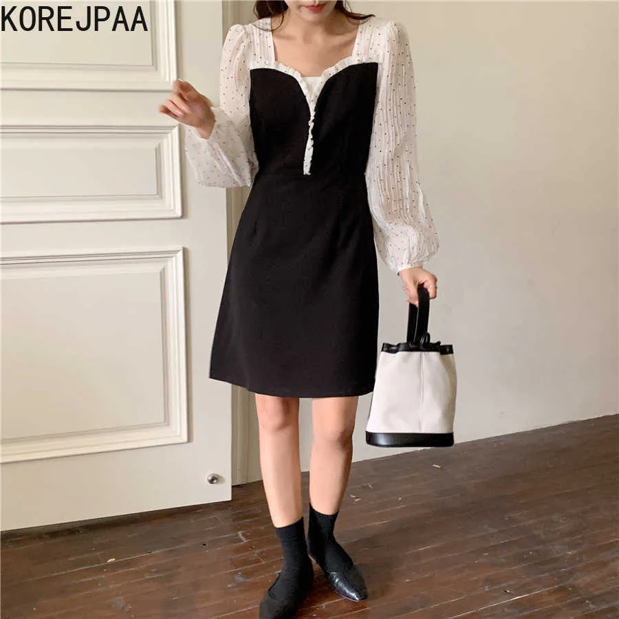 Korjpaa Kvinnor Klänning Sommar Koreanska Chic Ladies Hepburn Style Square Neck Stitching Wood Ears Polka Dot Puff Sleeve Vestidos 210526