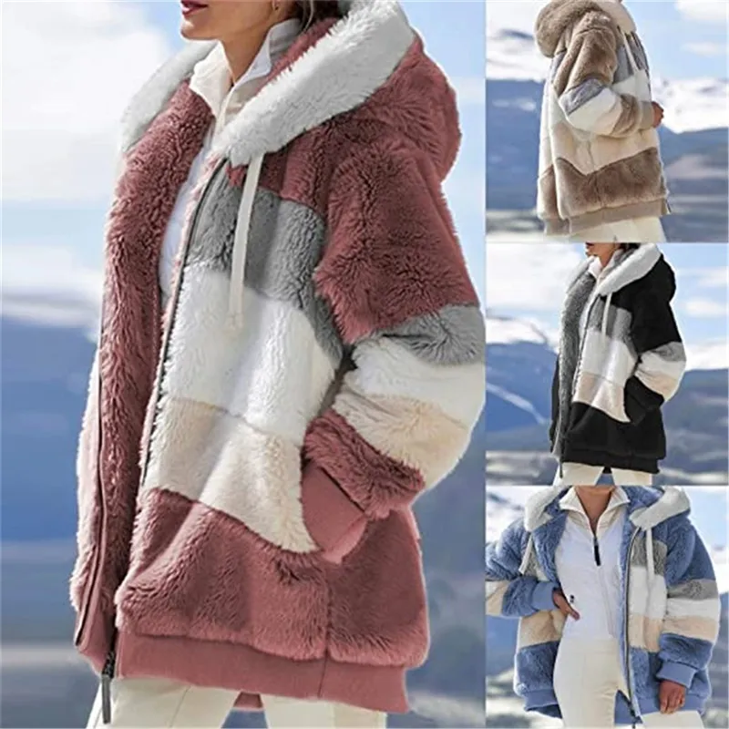 Женщины Теплый пиджак с капюшоном зимняя молния повседневная лоскутное свободное пальто мода искусственного меха Parka Flece Drawstring плюс размер пальто