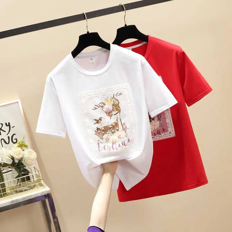 대형 여름 코튼 화이트 블랙 Tshirts 짧은 소매 캐주얼 T 셔츠 여성 O- 넥 느슨한 Applique Tee Shirt Femme 210604