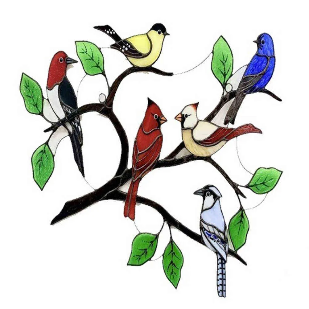 Oiseaux peints décoration de la maison vitrail panneau vitrail oiseau ornements fenêtre Suncatcher fête des mères cadeau Q0811