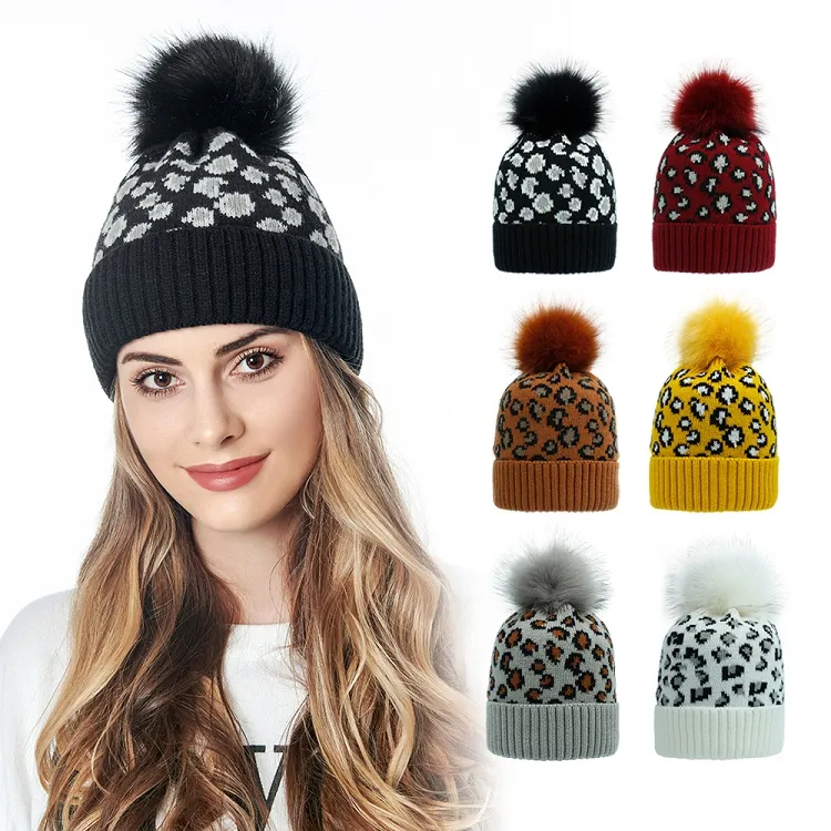 Leopard Dzianiny Kapelusz Pompom Fur Ball Czapki Kobiety Zima Cieplejsza Wełna Knitting Cap Outdoor Przechowywać Ciepła Beanie Czapki Party Hats M3905