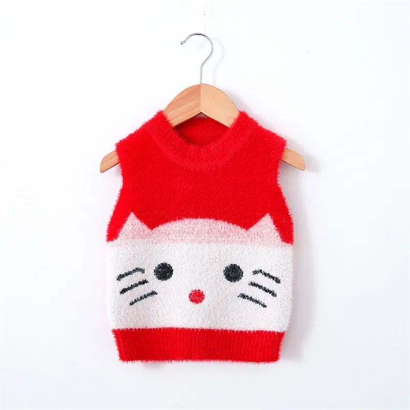 Cute Cat Baby Girls Swetry Kamizelka Jesień Zima Maluch Dzieci Swetry Miękkie Ciepłe Bez Rękawów Kamizelka Patchwork Sweter z dzianiny 210713