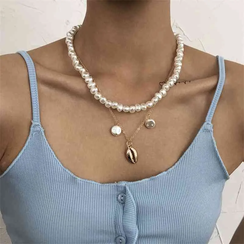 2021 Temperament Jewelry Double Simple Pearl Necklace Fashion Wild Atmosphere Pendant Clavicle Chain