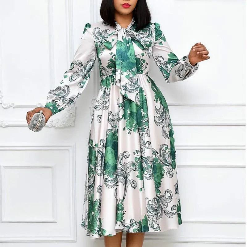 Casual Dresses Women Long Sleeves Printed With Bowtie Collar Pleated High Waist Midi Elegant Ladies Fashion African Vestidos Robes