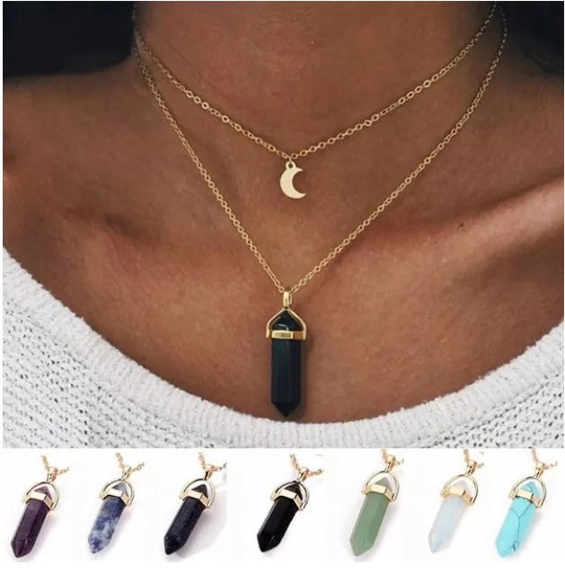 Mode Kvinnor Halsband Guldkedja Natursten Hexagonal Kolumn Hängsmycken Uppdrag Chokers Halsband Quartz Healing Crystals Halsband