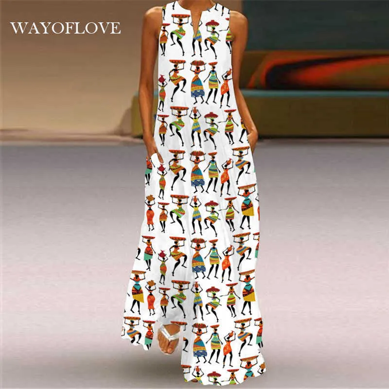 Wayoflove personagem desenhos animados impresso maxi vestido casual plus size menina longo vestidos verão mulher sem mangas vestido de praia mulheres 210602