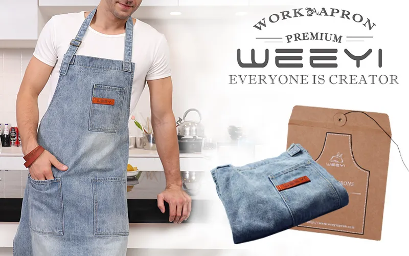 WEEYI Washable Shop Denim Apron with 3 Pockets Unisex Fits Small to XXL Vintage Blue Homewear Workwear 34x27 Inches (6)