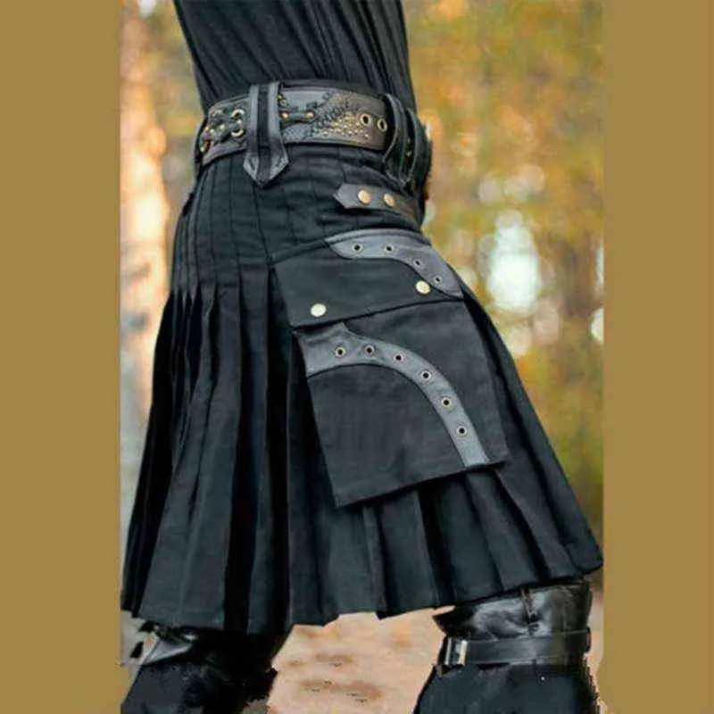 Nouveau 2020 écossais Kilt unisexe Cosplay Ecosse classique rétro gothique jupe plissée Hip Hop Shorts ceintures poche genou longueur hommes H1210