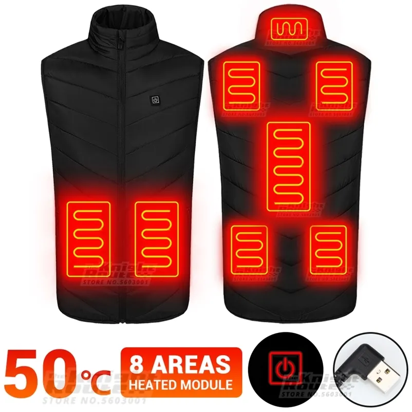 Veste chauffante à 8 zones, alimentée par batterie USB, gilet auto-chauffant, gilet chaud pour hommes et femmes, vêtements d'hiver thermiques 211105